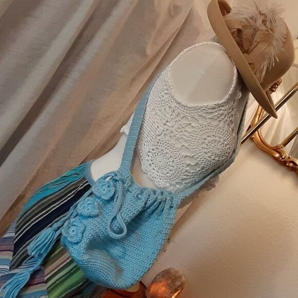 Hand Crafted Handbags - Baby blue handmade bo-ho sack